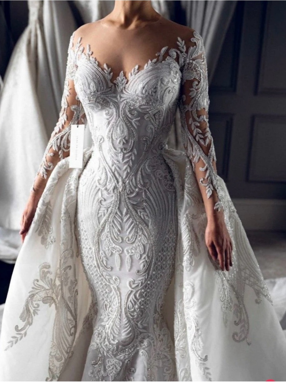 Ivory Off-Shoulder Embroidered Wedding Dress with Detachable Overskirt